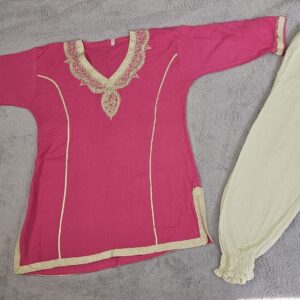 Girls Jabador with Embroidery - Two-piece tunic and pants - Color Pink White