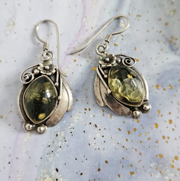 Vintage Green Amber Jewelry Silver Set ( Bracelet, Earrings, Pendant) - Image 2