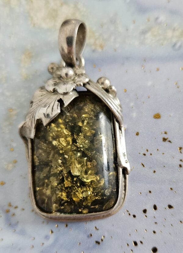 Vintage Green Amber Jewelry Silver Set ( Bracelet, Earrings, Pendant) - Image 3
