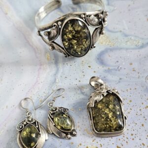 Green Amber Silver Bracelet, earrings, Pendant by Traditions Hunt