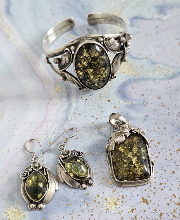 Green Amber Silver Bracelet, earrings, Pendant by Traditions Hunt