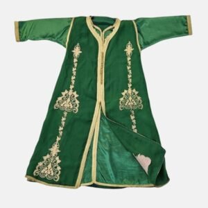 Caftan Traditionnel 2 Pièces Vert et Or pour Fille (6-8 ans) – Coupe Makhzani & Sfifa Skelli- État excellent
