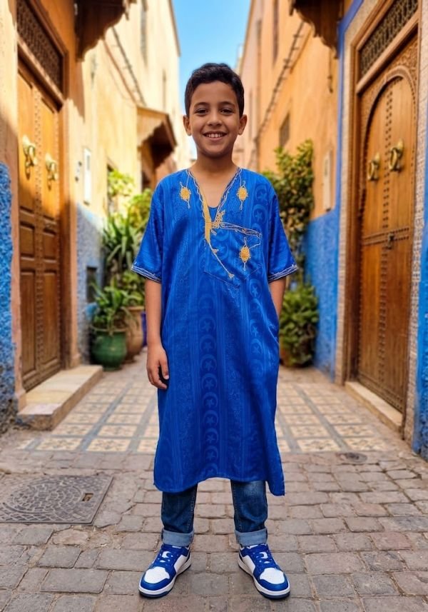 Gandoura Daraa Garçon 10-12 ans Bleu Roi & Jaune – Tunique Sahraouie Touareg – État Neuf – Image 2
