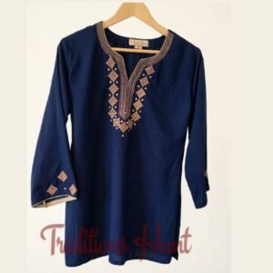 Tunique Kurti Courte Traditionnelle Bleu Marine Sakshi – Taille M- Style Bohème- Excellent état