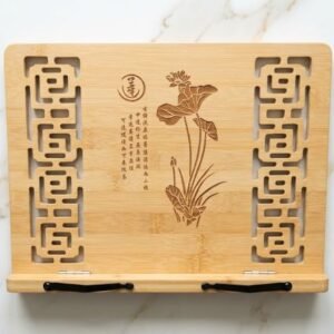 Support de livre, Support PC tablette pliable en bambou- Gravure Fleur de Lotus Réglable- Comme neuf
