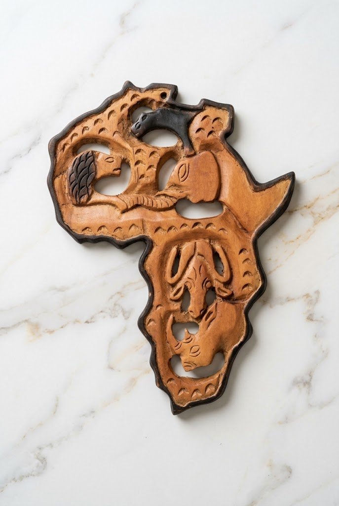 Carte d'Afrique Sculptée Main en Bois – Décoration Murale Artisanale "Big Five"